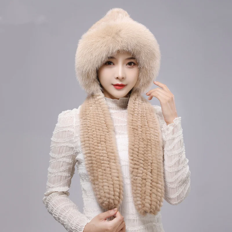 Mink Fur Knitted Women's Brimless Beanie Fox Fur Hooded Sweatshirt Ski Hat Warm Headwear Fur Scarf Women's Outdoor Winter