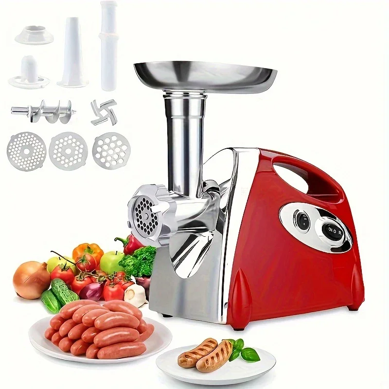 Fully Automatic Stainless Steel Meat Grinder Meat Grinder Electric Sausage Pusher, Food Pusher, Mixing and Chopping Tips, Red