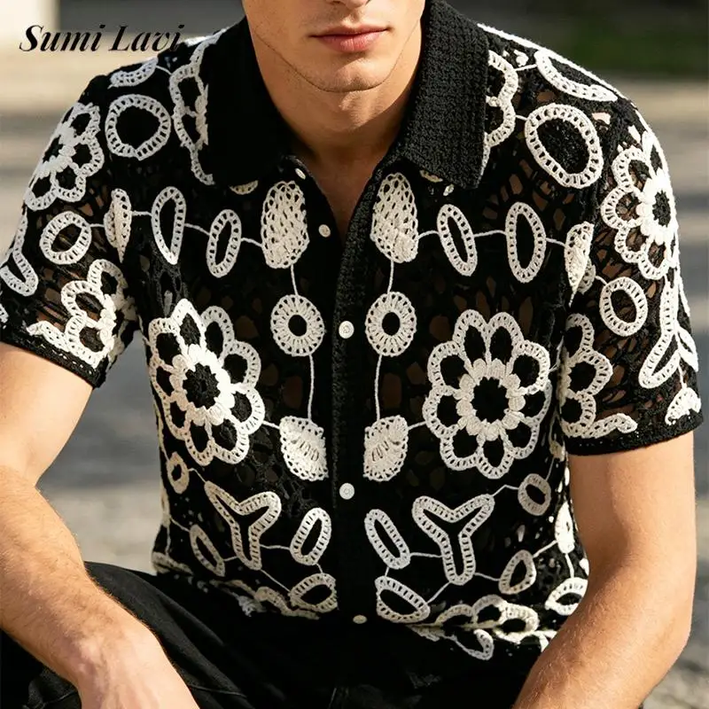

Fashionable Transparent Hollow Out Shirts Men Sexy See Through Florals Crochet Knit Shirt Summer Mens Casual Short Sleeve Shirts