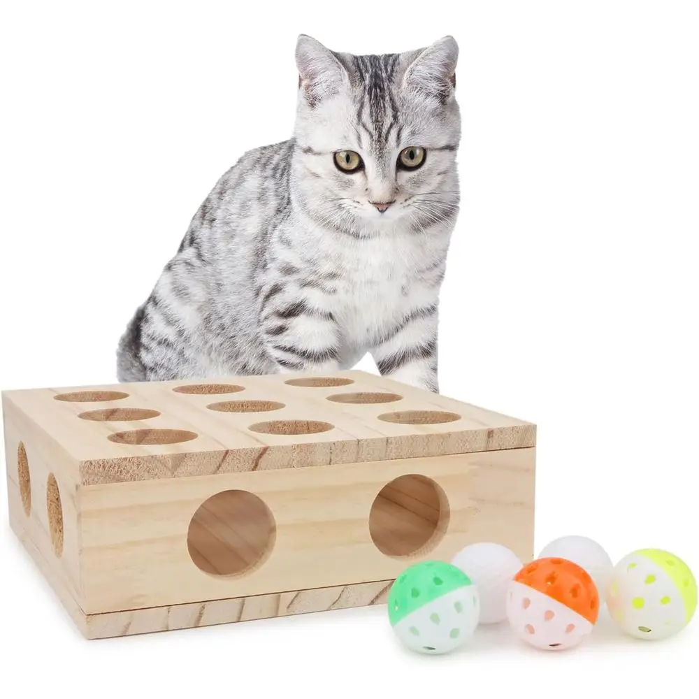 

Interactive Cat Toy Puzzle Box Wooden Treat Maze Scratcher Peek Play Toy Box Hide and Seek Agility Toys