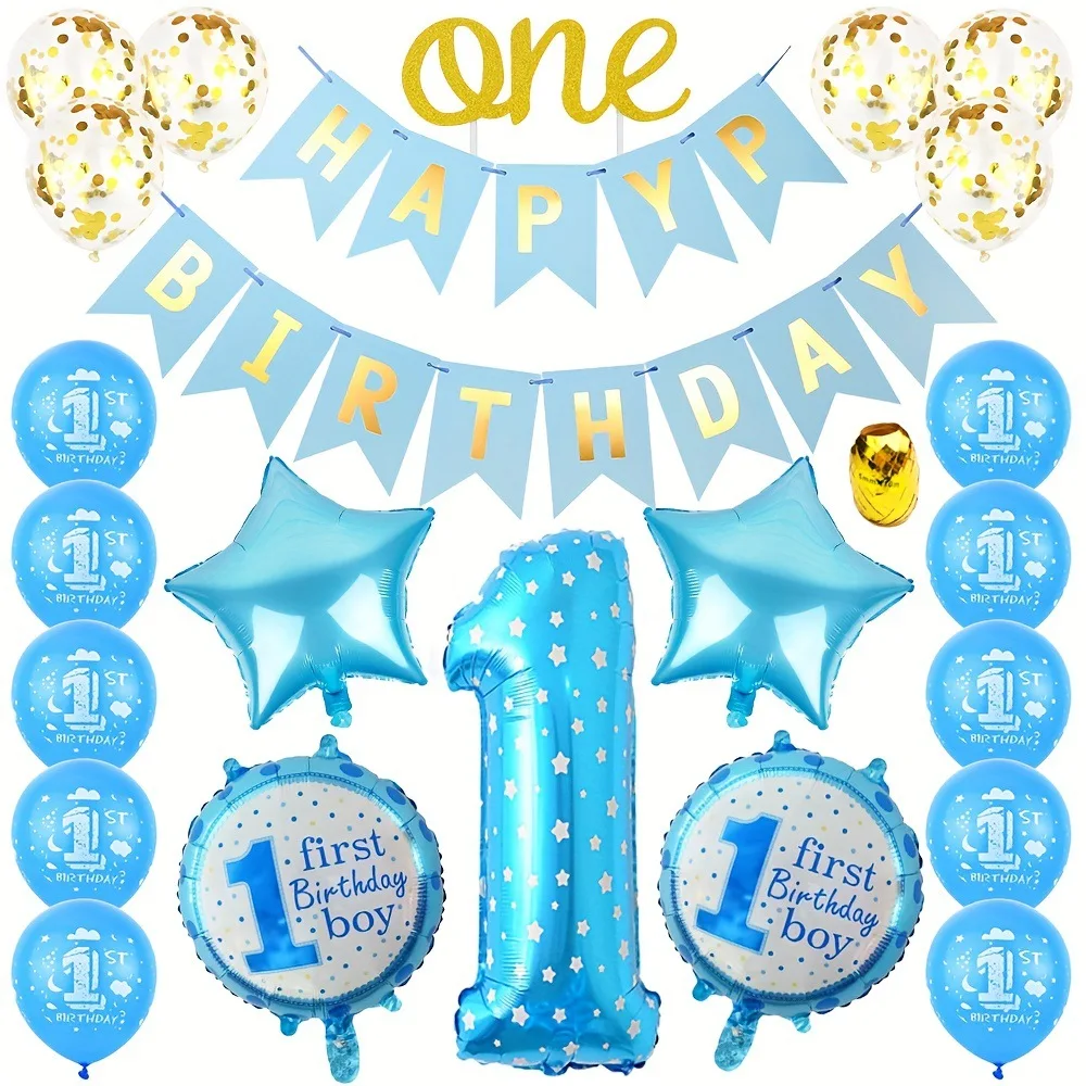

Pink Blue Pull Flag One Year Gold Sequin Balloon Set for One Year Birthday Insert Party Balloon