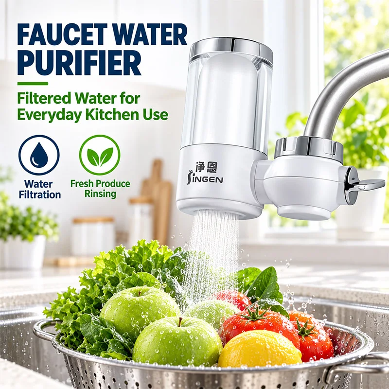 キッチン用蛇口に取り付け可能な浄水器。家庭用蛇口の水をろ過し、不純物を除去。取り外し可能なフィルターエレメントで清掃が容易。