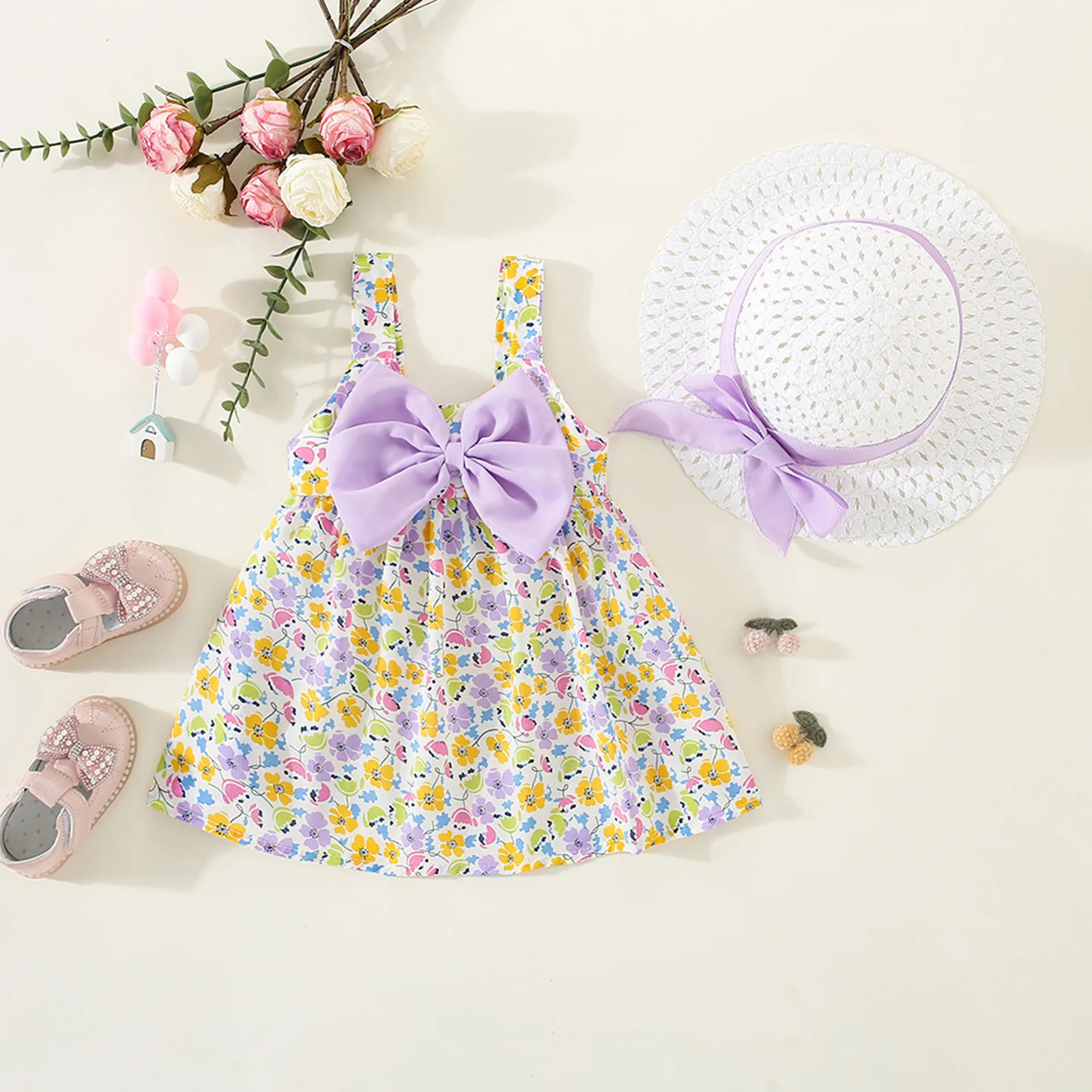 

Summer Toddler Girls Clothes Suits Baby Beach Dresses Cute Ruffles Sleeve Cotton Newborn Princess Dress+Bowknot Sunhat 2Pcs Sets