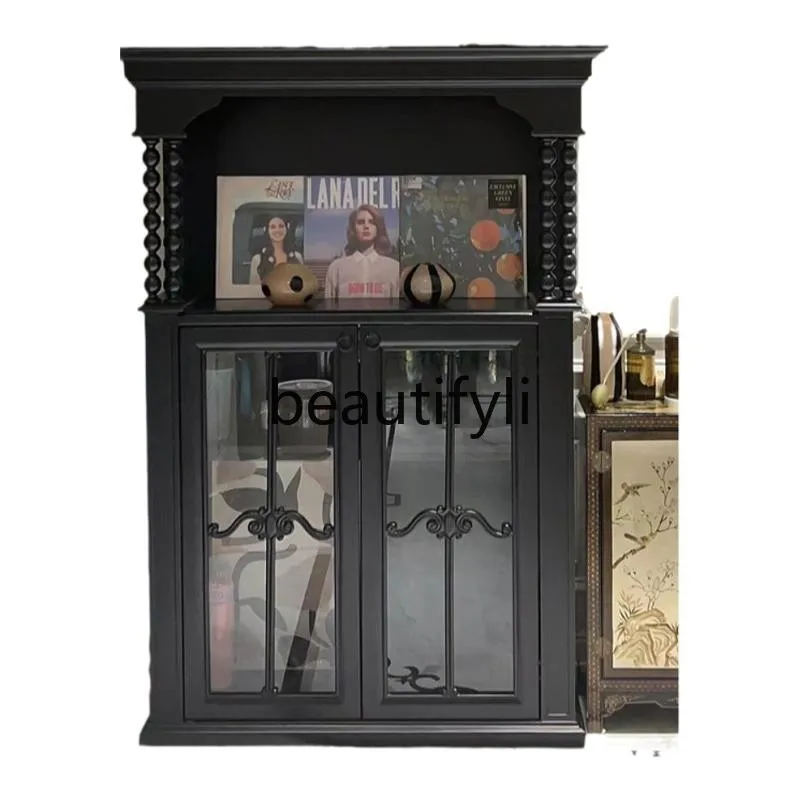 

French black storage storage, retro solid wood decorative bookcase, side cabinet engraving