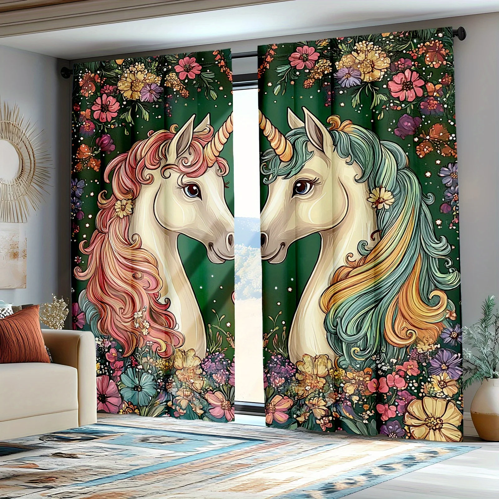 

2 шт. шторы принцессы с единорогом — зачарованный цветочный и фантазийный художественный дизайн, полупрозрачные шторы из полиэстера для спальни и Livi