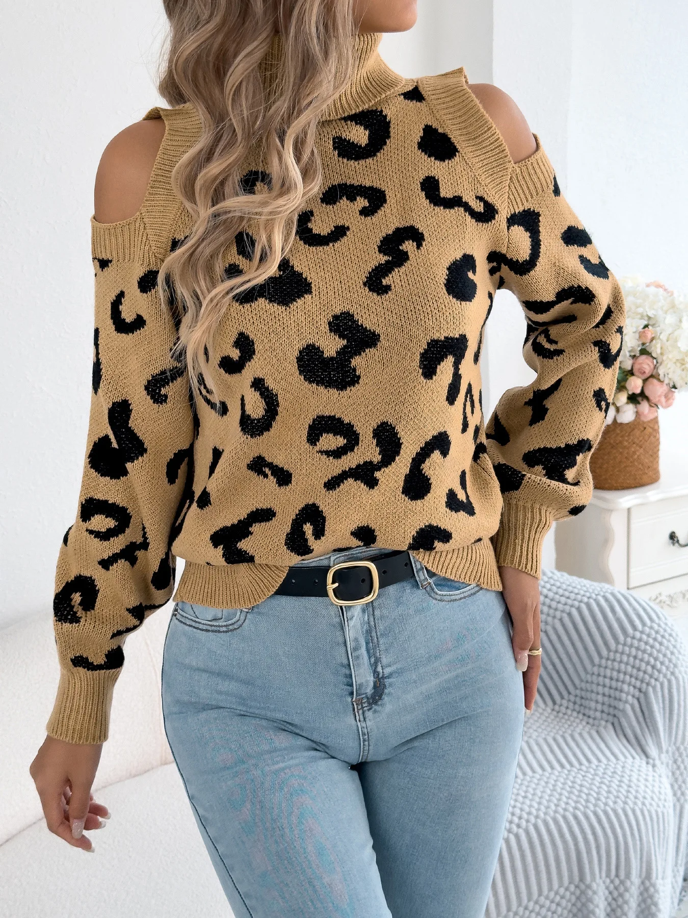 2026 Autumn Winter Women's Sweater Tops Sweaters Women Female Women's High-Neck Off-Shoulder Leopard Print Long-Sleeve Sweater 6