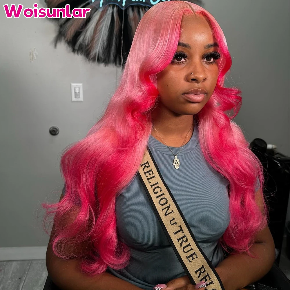 

36 дюймов Ombre розовый и темно-розовый передние парики шнурка человеческие волосы 13x4 Прозрачные кружевные объемные волны 200% черные женские парики из человеческих волос