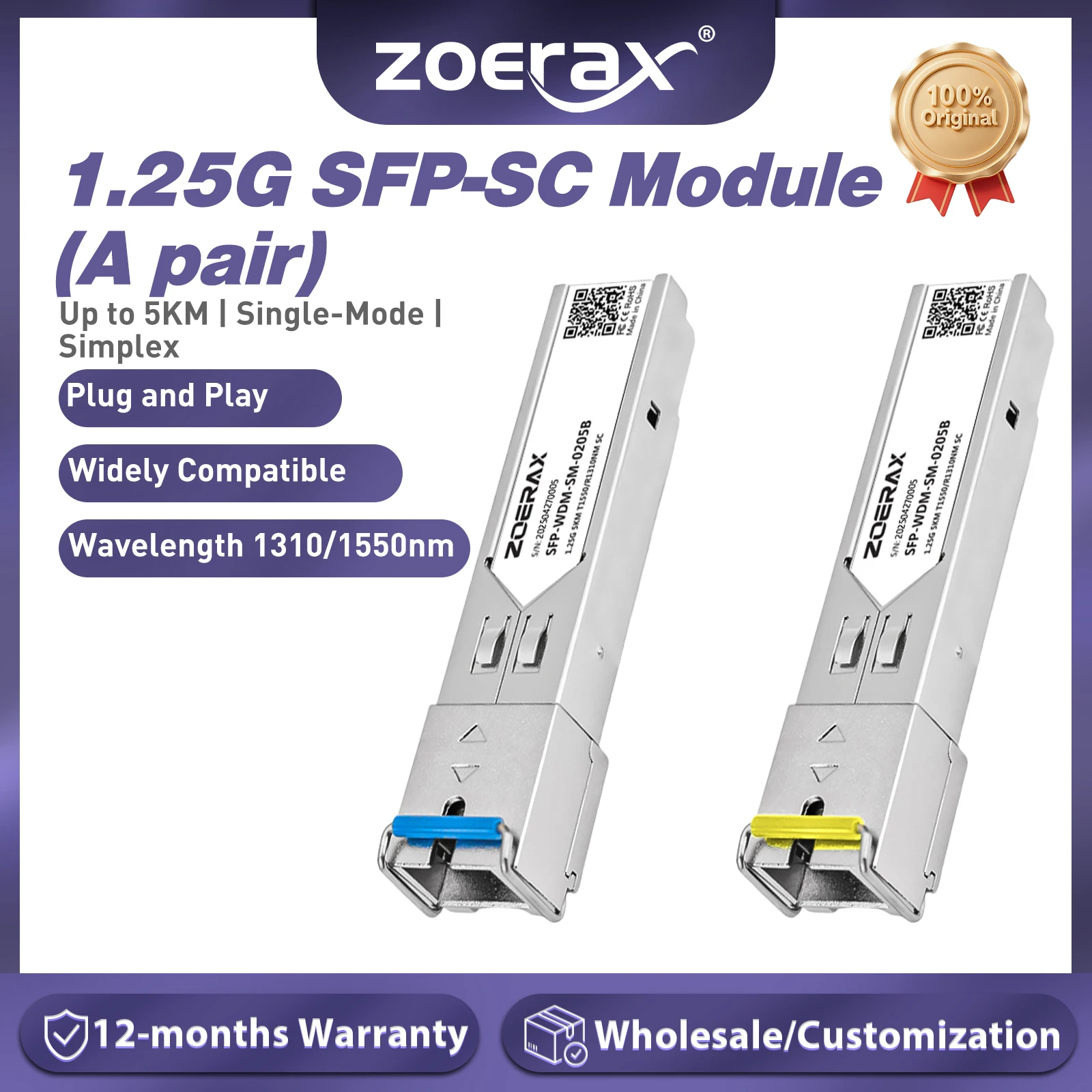 ZoeRax 1.25G SC SFP Transceiver Module 5KM-BiDi-1310/1550nm SingleMode Simplex Fiber Module for Cisco,Mikrotik, Ubiquiti,Tp-link
