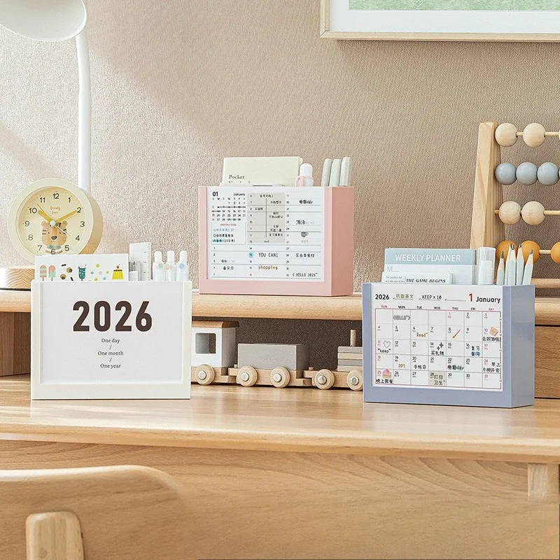 

2025 & 2026 Productivity Calendar Stand Multifunctional Desk Organizer with Storage Box Cute Pen Holder & Memo Pad