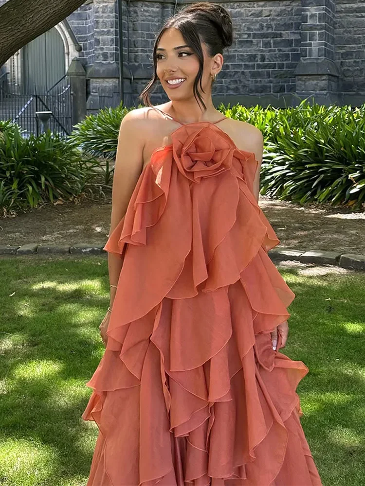 Elegante 3d flor camada babados maxi vestido feminino sexy sem costas sem mangas estilingue vestidos de festa nova senhora férias praia robes