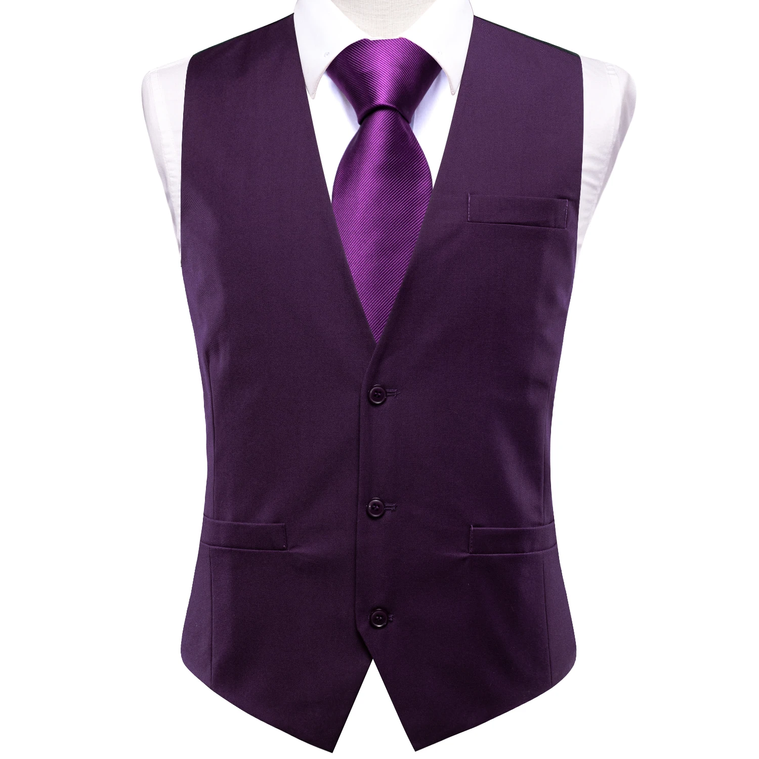 Designer Silk Men Vest Dark Purple TR Slim Solid Waistcoat Neck Tie Hanky Cufflinks Brooch Set for Men Suit Wedding Party Hi-Tie