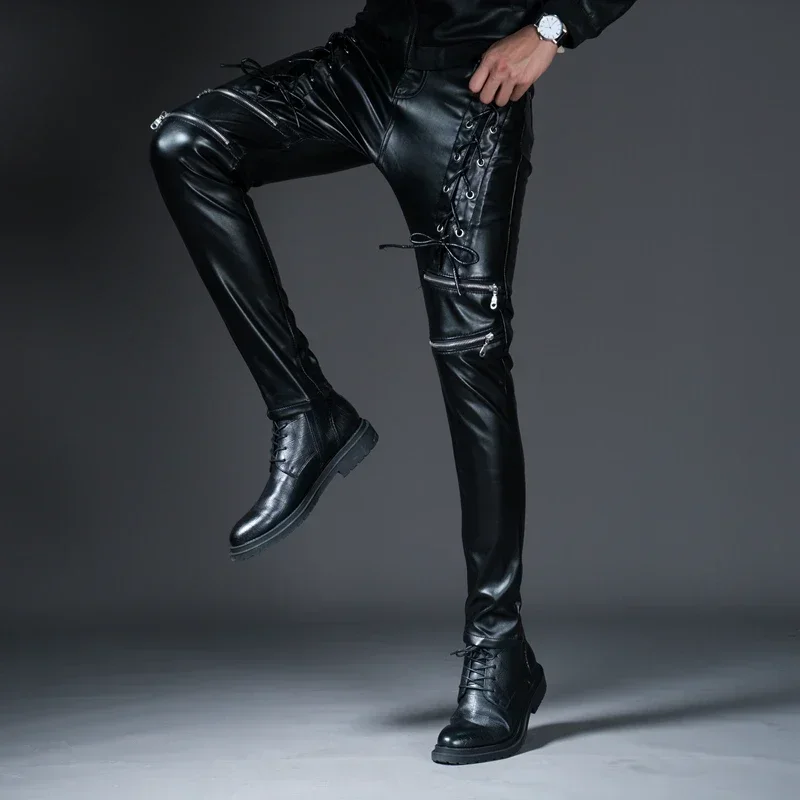 New Winter Spring Mens Skinny Biker Faux Leather Pants Fashion Motorcycle Trousers for Male Trouser Stage Club Wear