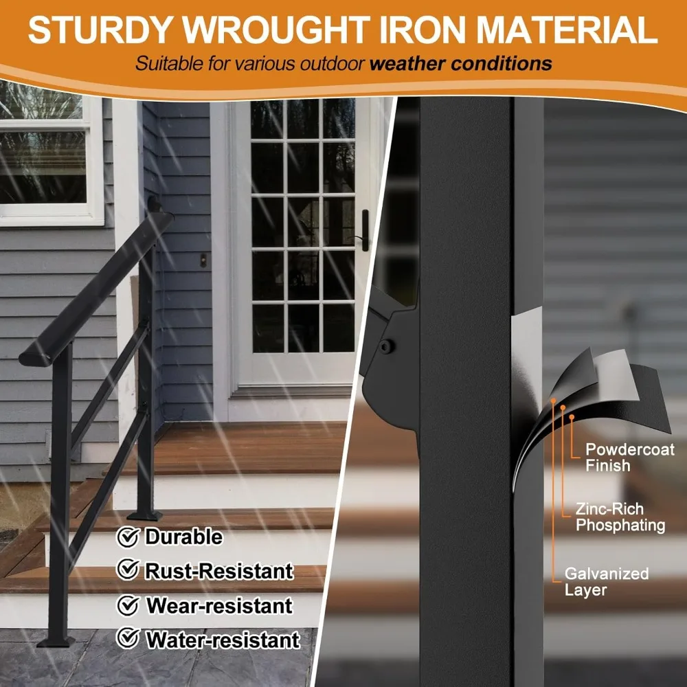3-Step Outdoor Stair Railing: Black Wrought Iron Handrail for 2 to 3 Steps - Porch Stairs Hand Rail Railings Kit