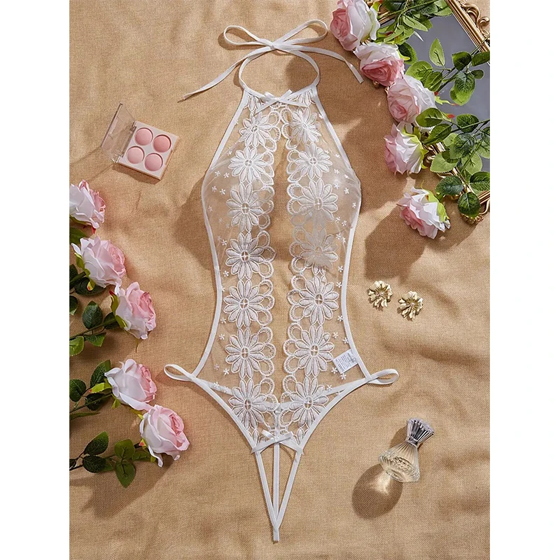 Hot Embroidery Daisy Sexy Lingeries Transparent Hollow Deep V Bodysuits Women One Piece Bra Crotchless Romantic Wedding Pajamas