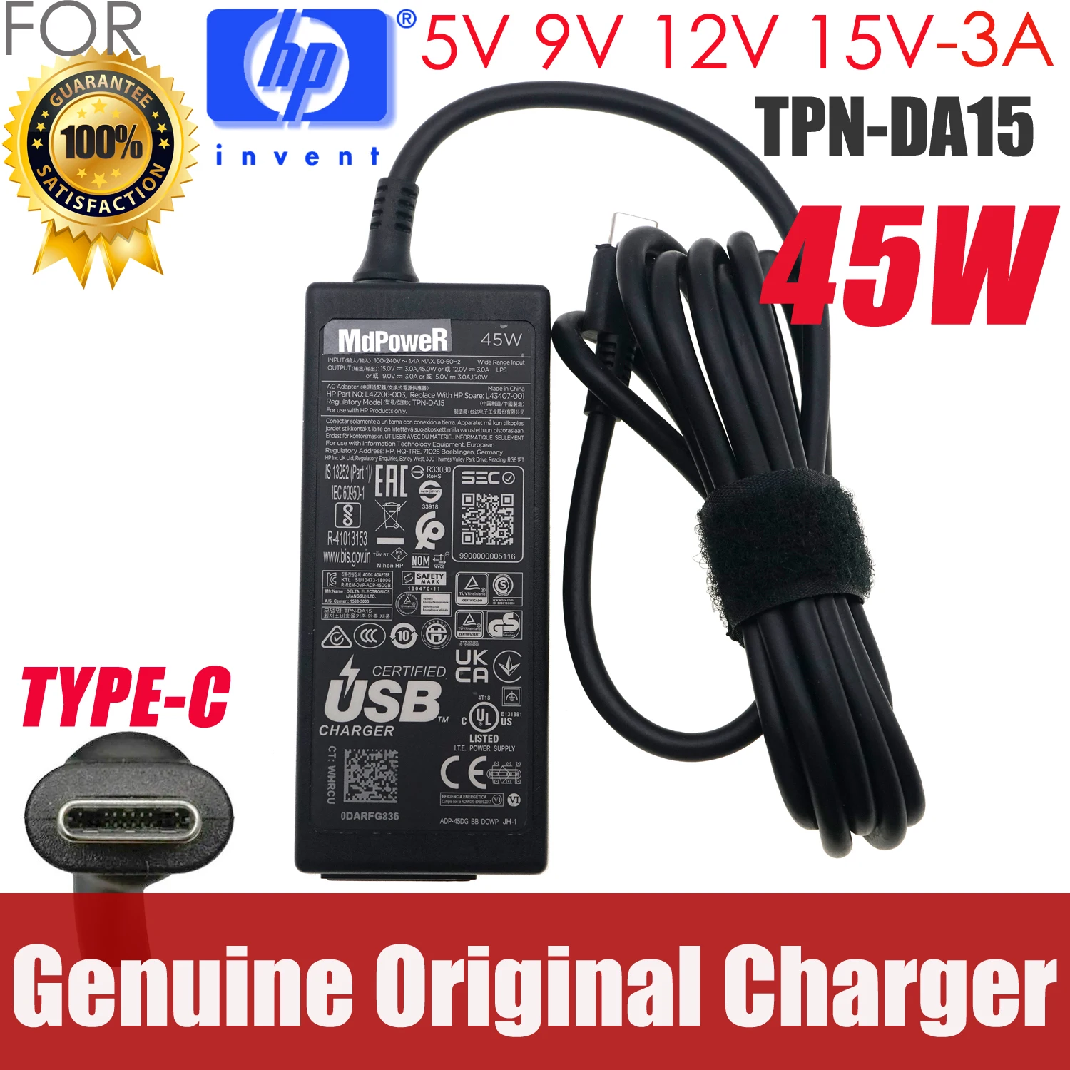 

PA-1450-33HR AC Power Adapter 45W 15V 3A USB-C TYPE-C Charger For HP TPN-CA01 TPN-DA15 Elite x2 1012 G1 M5 6Y54 Touch Tablet