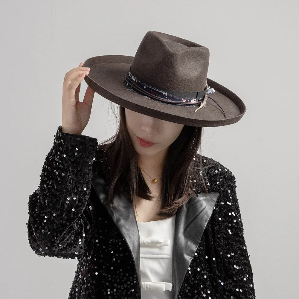 Autumn Winter Vintage Elegant Floral Fabric Ribbon Feather Crown Top Upturned Brim Wide Brim Wool Fedora Felt Jazz Hat