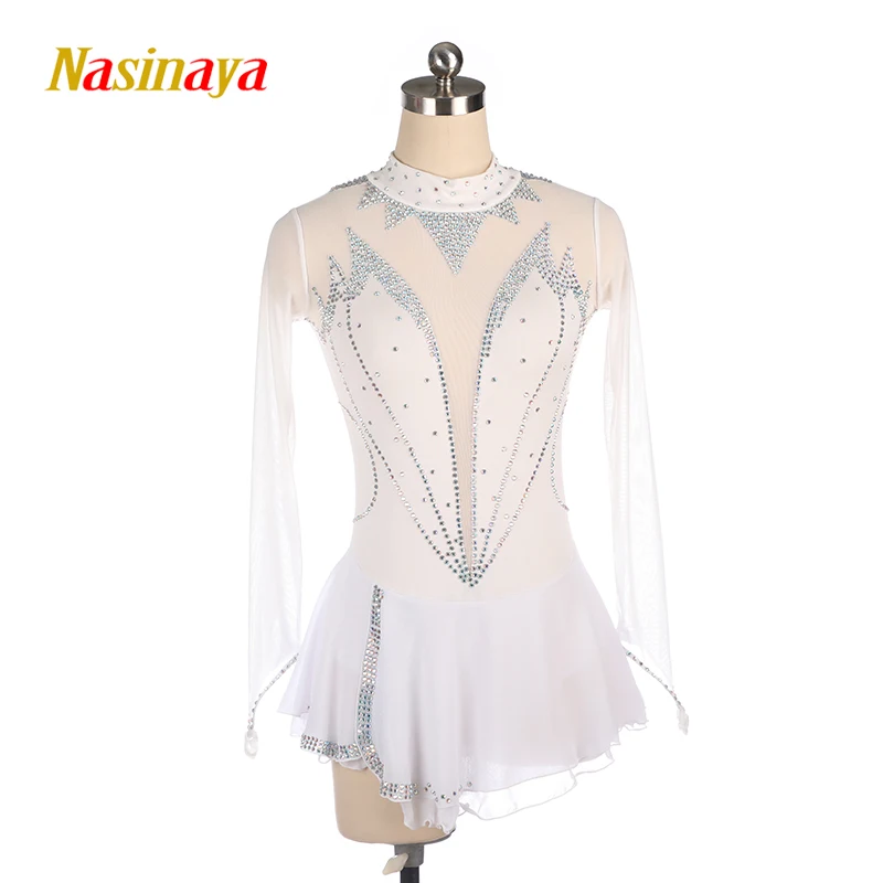 Nasinaya Figure Skating Competition Training Dress Girls' Children's Dress Artistic Gymnastics Round Neck Long Sleeve White