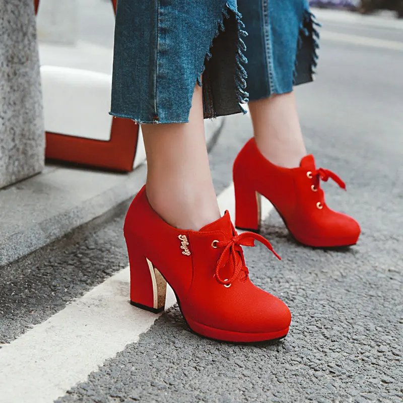 Spring Autumn Vintage Lace Up Women Pumps Oxford Shoes Simple Chunky Heel Suede High Heels Lady Ankle Boots Size 33-43