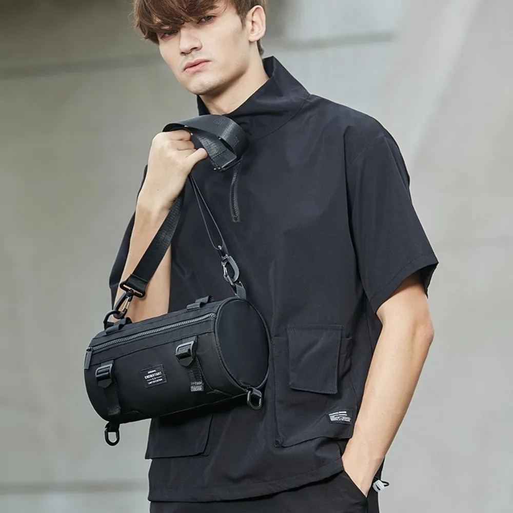 Solid Color Men Cylindrical Bag Multifunctional Wide Strap Canvas Crossbody Bag Large Capacity Japanese Style