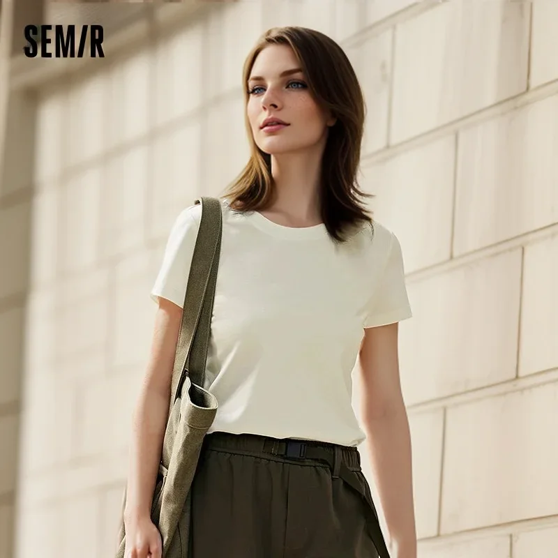 Semir Short Sleeve T-Shirt Women Slim Positive Shoulder Solid Colour Basic 2024 Summer New Antibacterial Round Neck Pullover Tee