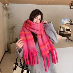 Korean version of the new female autumn-winter vintage gradient color striped scarf student neck thickened warm shawl