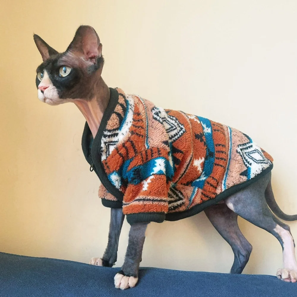 Zip-up Jacket Vintage Christmas Sweater Jacket for Hairless Cat Winter Warm Fleece Coat for Sphynx Cat Devon Rex  Soft Pajamas