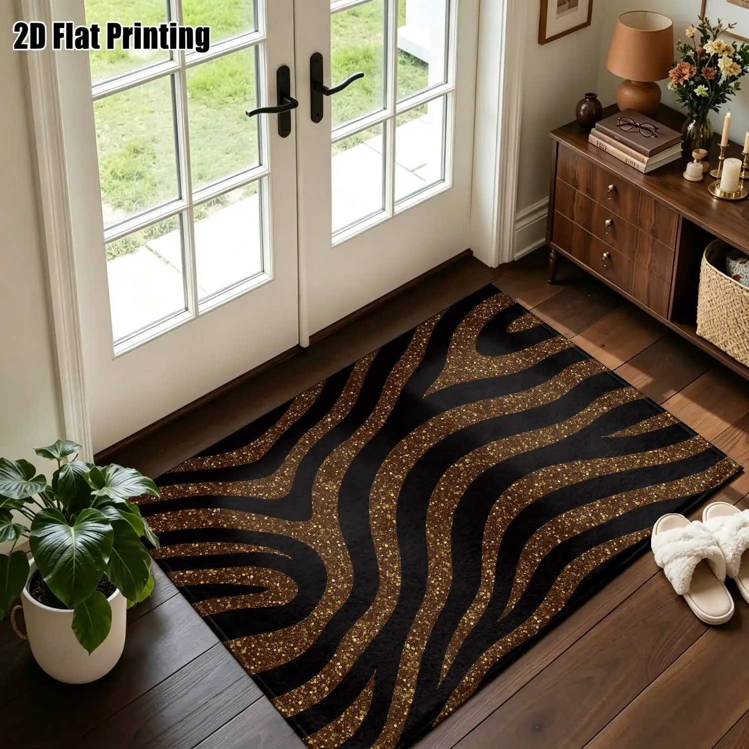 1Pc 2D Printed Black & Gold Zebra Pattern Geometric Striped Vintage European-Style Instagram Floor Mat, Home Decor, Multi-Size, Machine Washable, Suitable for Entrance/Dining/Foyer/Living Room/Bedroom