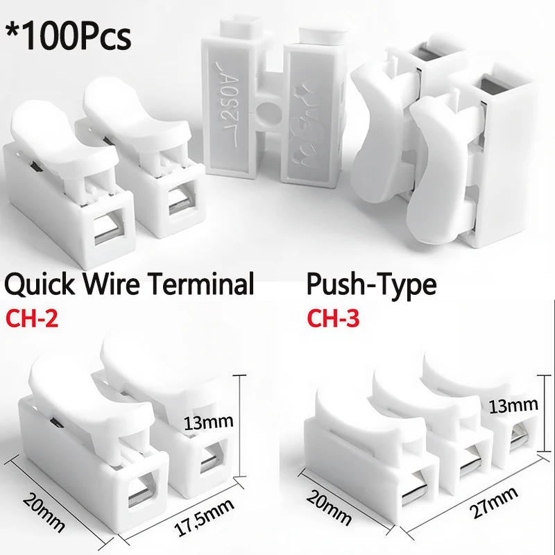 

100pcs 2/3 Pin Push-in Spring Loaded CH2 CH3 5A 250V Wiring Cable Connector for Electrical Lighting Flame Retardant