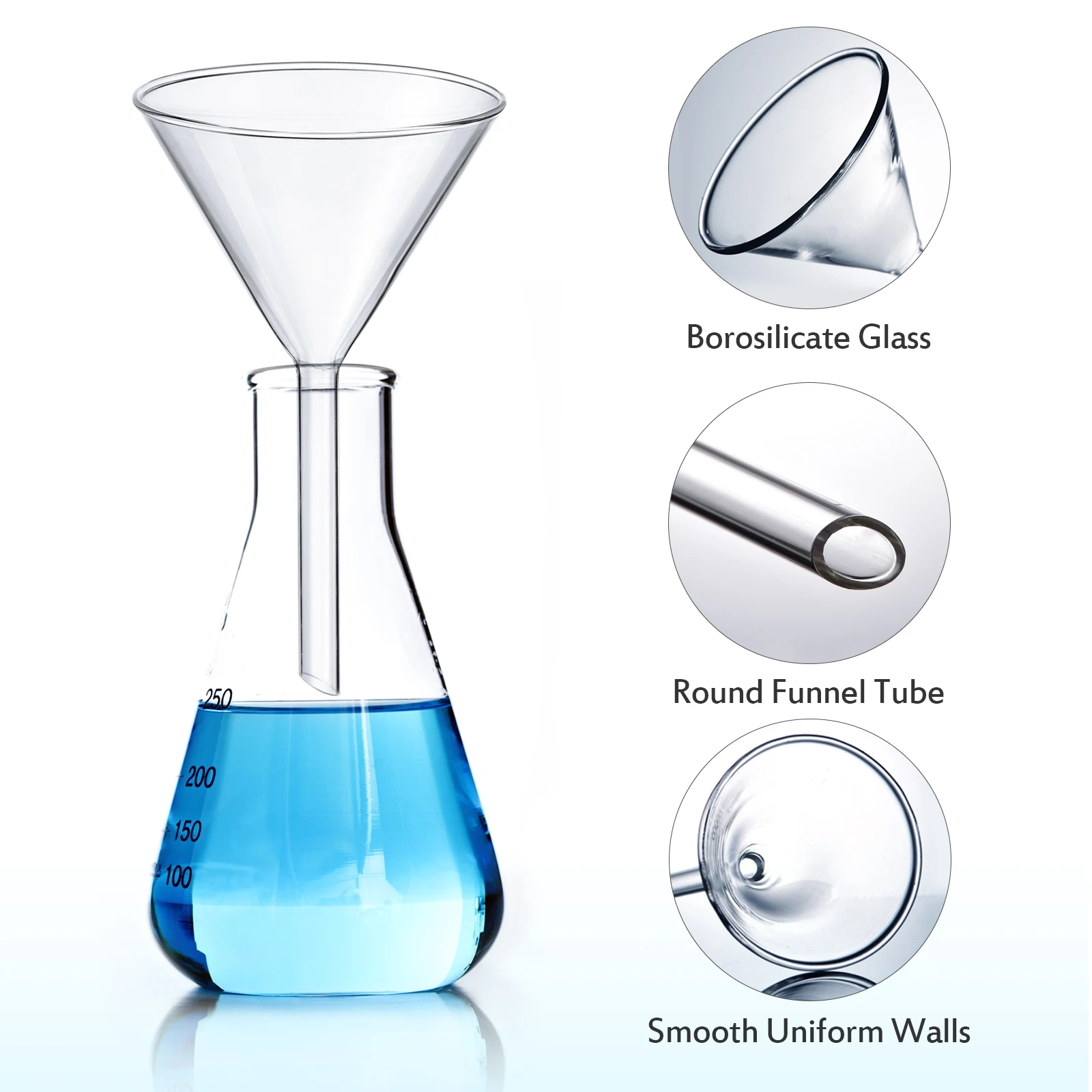 4pcs ULTECHNOVO Clear Laboratory Glass Funnels - Short Stem Multi-Size (40mm/50mm/75mm/100mm) School Teaching & Experiment