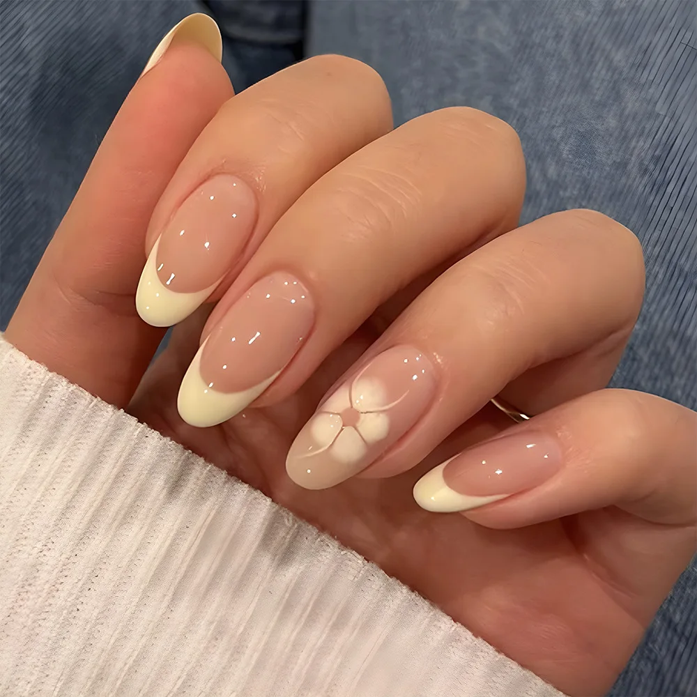 

24pcs Detachable False Nails Art Simple Flower Design White French Fake Nail Tips Mid-length Oval Press on Nails Sets Manicure