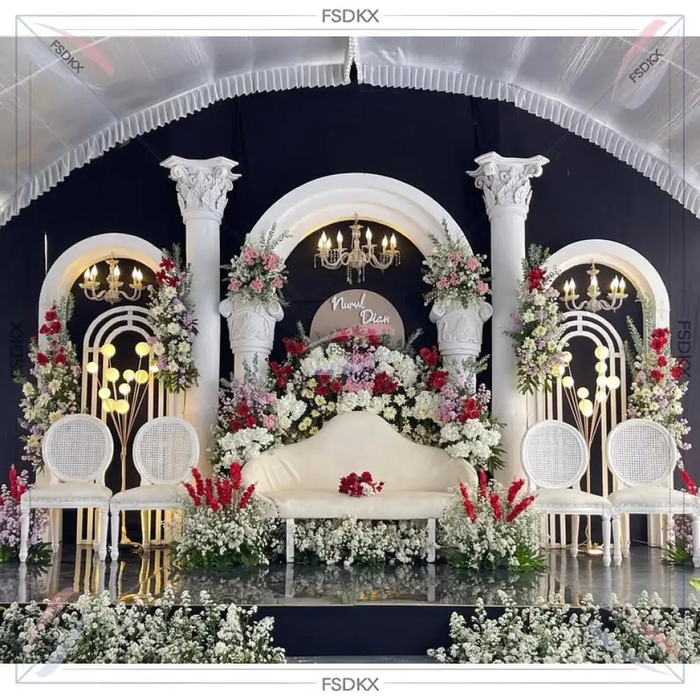 Factory Custom French Style Window Arch White Gold PVC Backdrop with White Light Strip for Wedding Event