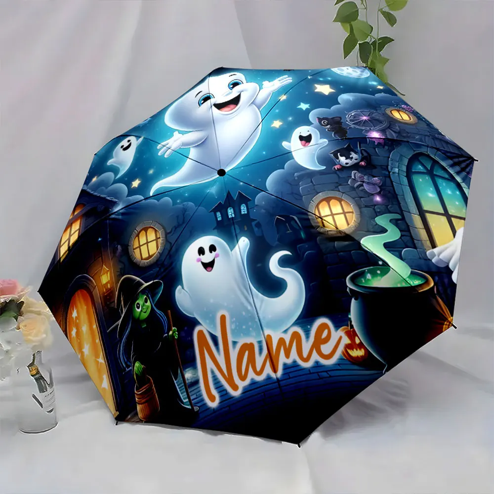 Custom Name  Whimsical Ghost-Themed Umbrella Design for Kids Print 8 Iron Ribs Folding Umbrella Auto-Open Fashion Sunshade