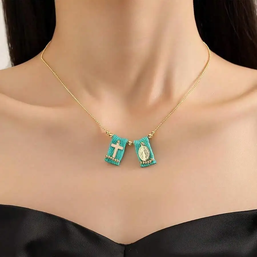 

Catholic Scapular Pendant Necklace With Cross And Virgin Mary Charm Turquoise Fabric