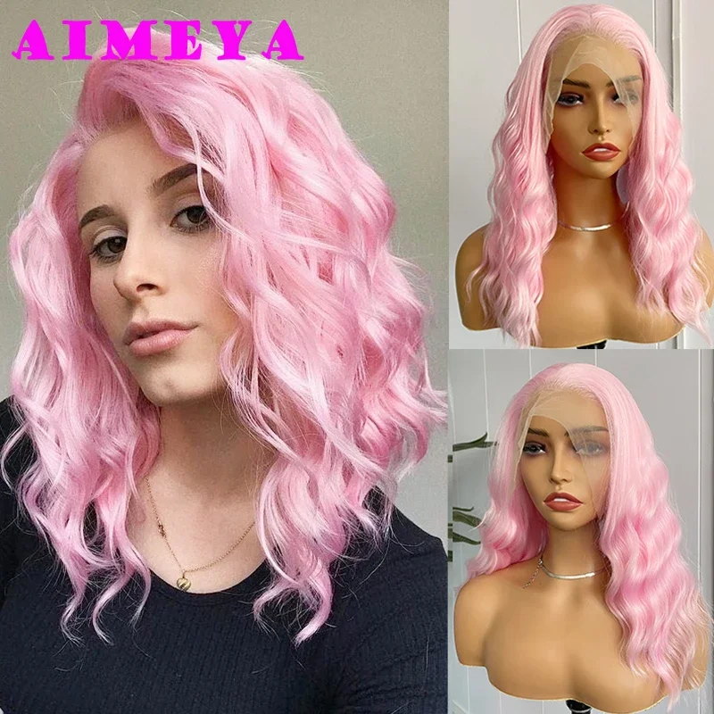 AIMEYA Short Pink Wig 13x4 Synthetic Lace Front Wig for Women Short Body Wave Natural Hairline Daily Wear Cosplay Wigs Costume