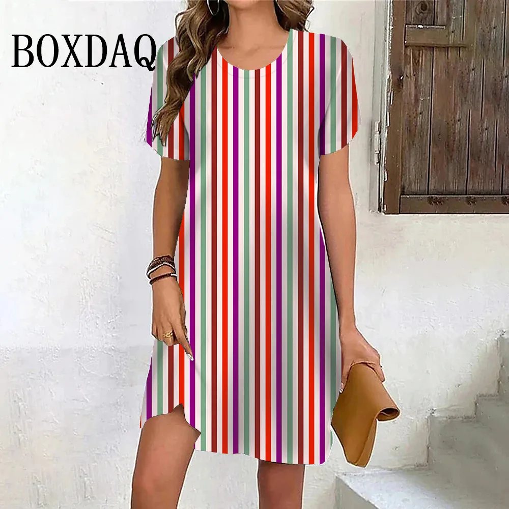 Women Summer Casual Colorful Stripe Print Dresses Clothes Ladies Short Sleeve Mini Loose Plus Size Dress Fashion Female Sundress