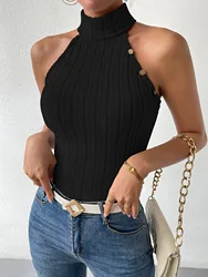 Women Half Turtleneck Sleeveless Slim Knitted T-Shirt Vest Sexy Summer Fashion Casual Solid Color Crop Top Trend 2024