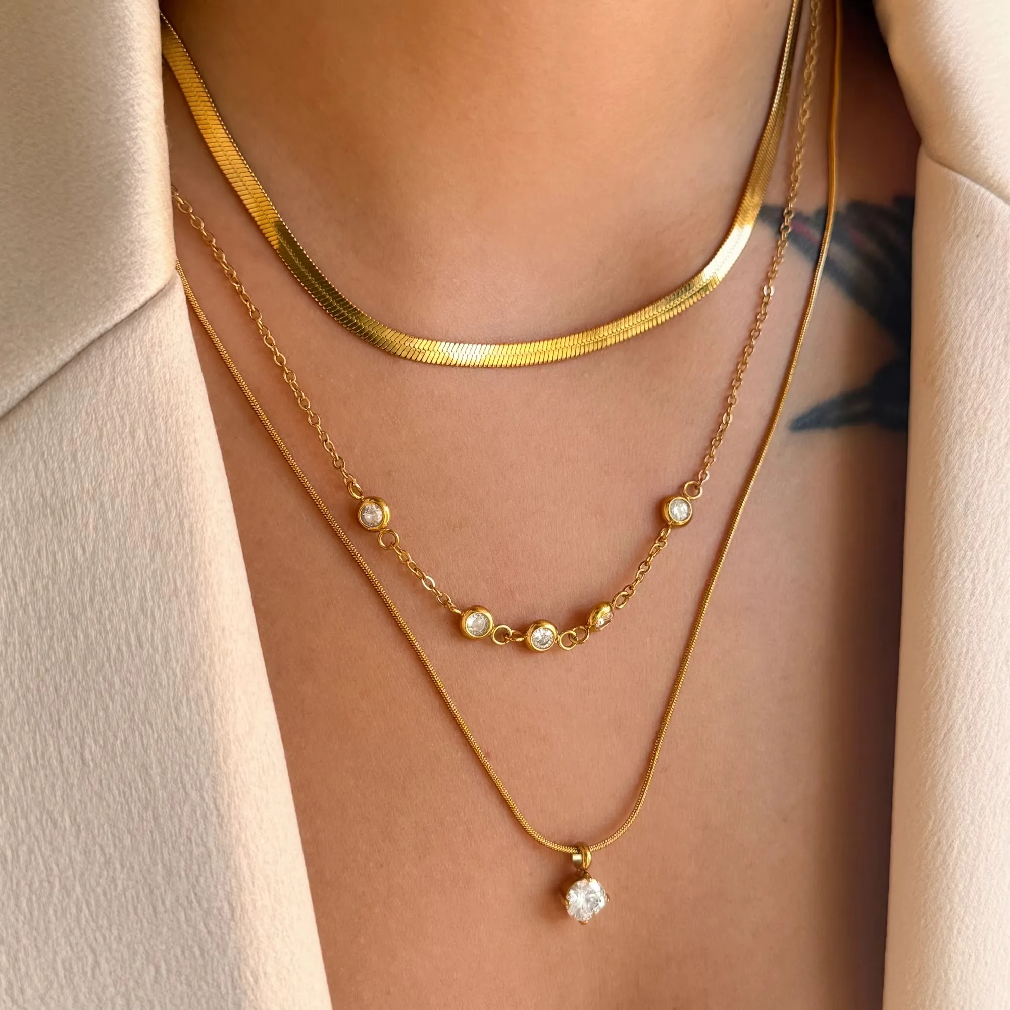 Stainless Steel 18k Gold Plated 3-Layer Blade Chains Choker Zirconia Pendant Necklace for Women Tarnish Free Waterproof Jewelry