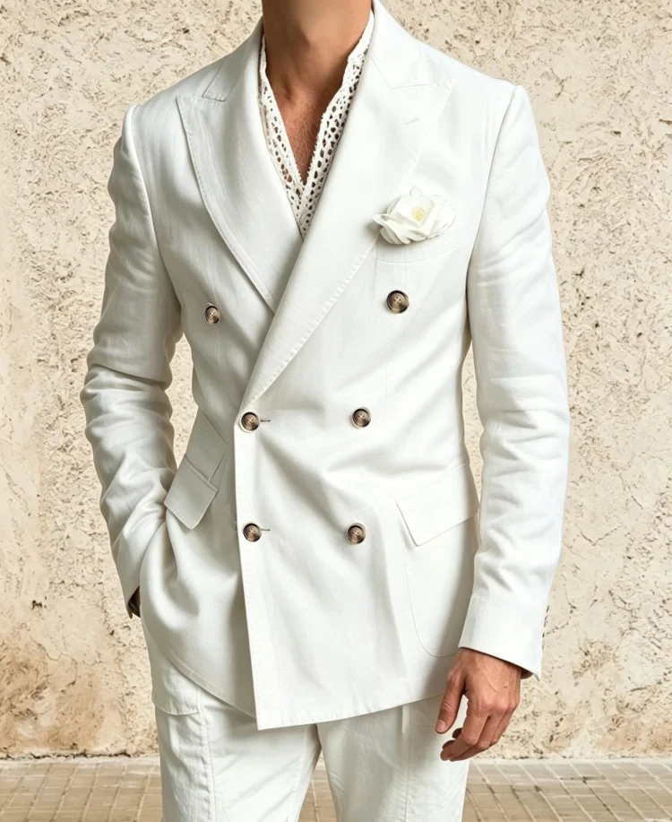 

Double Breasted Linen Men's Blazer Peak Lapel Slim Fit Jacket and Pants 2pieces Men Suit Coat Gentlemen Stylish Wedding P