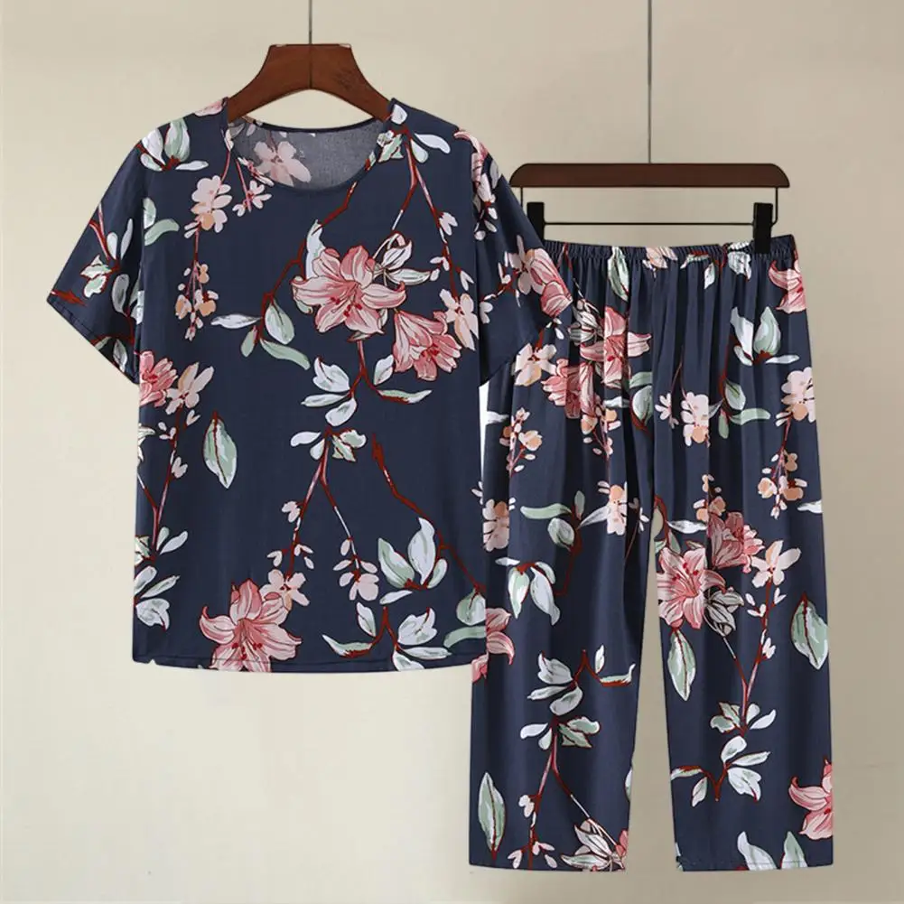 Conjunto de pijama estampado floral feminino, calça reta solta, top de manga curta, calças largas para mãe, meia idade, elegante