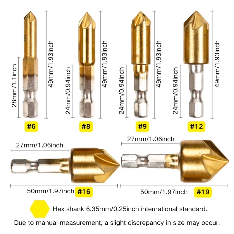

Набор инструментов для точечной обработки дерева, 6 шт., шестигранная ручка, титановое покрытие, нож для снятия фаски с пятью краями, открывалка для отверстий, потайная дрель 6-19 мм