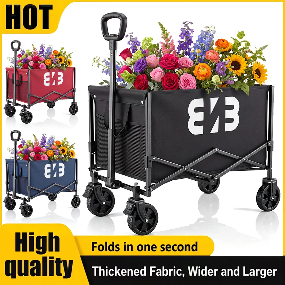 Collapsible Wagon Cart With Brake Swivel Wheels, Rear Opening Design. ReinforcedOxford Fabric. Telescopic Handle, Multi-Purpose Trolley For Camping. Picnic, Grocery, Garden,Beach, Available In Black, Red, Blue,