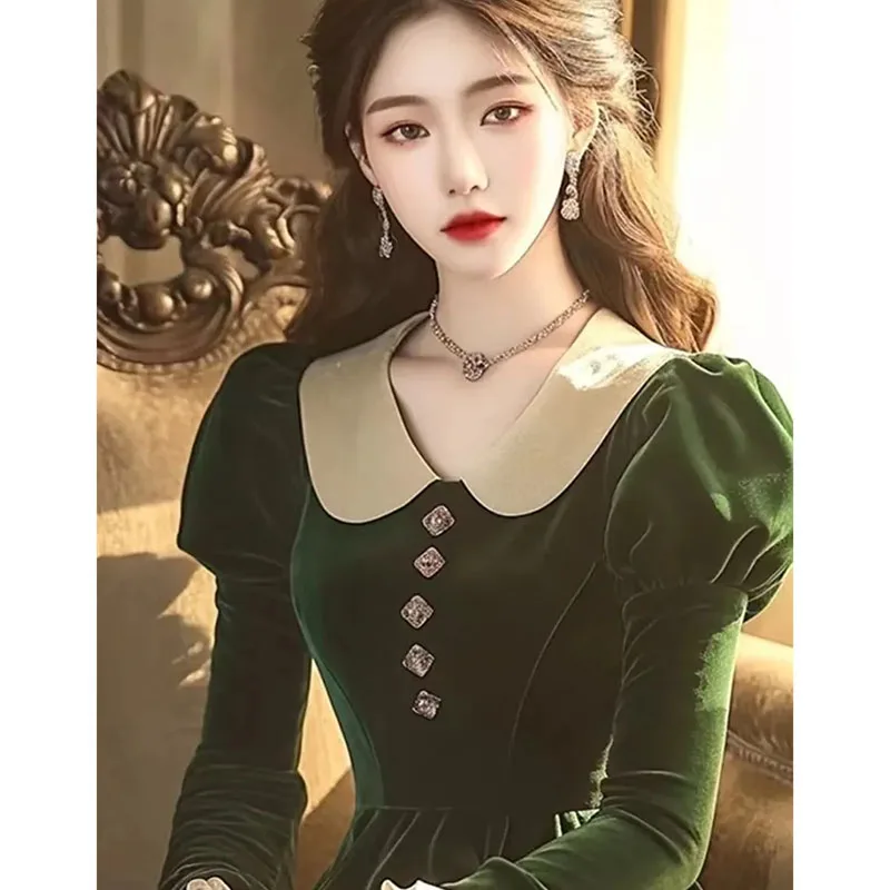 2025 Spring Autumn Golden Velvet Dress Women High End Casual Elegant Long-Sleeved Pullover Elegant Vestidos Green Dress Femme