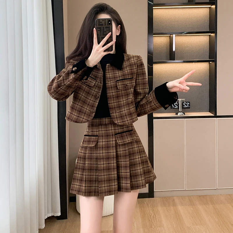 Real Shot Padded Cotton Autumn Winter Plaid Fashionable Splicing Temperament Short Jacket + Pleated Skirt Fragrant Two-Piece Set
