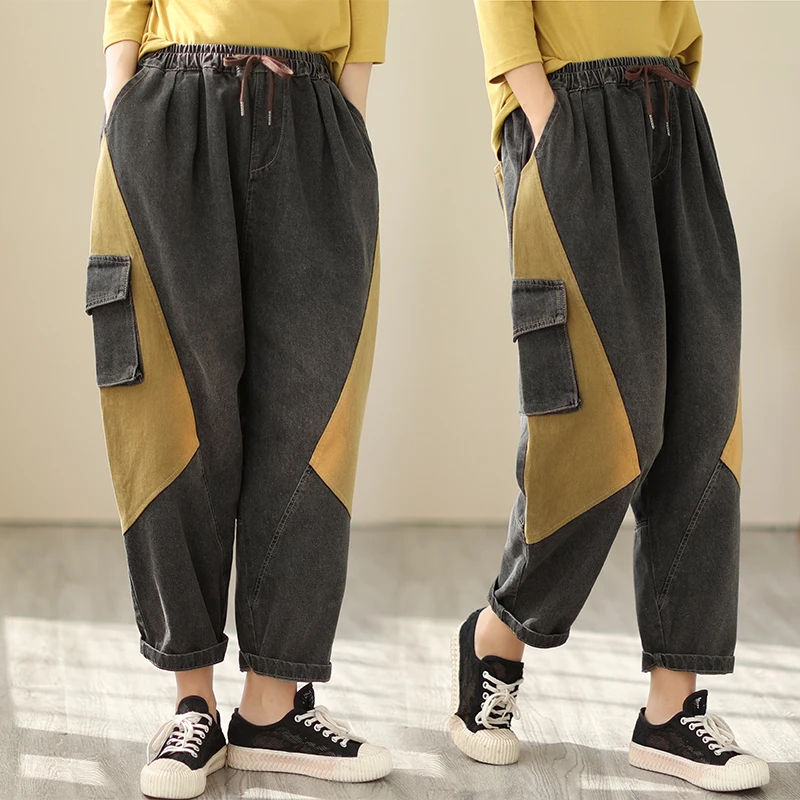 

23 New Arrival Spring Autumn Women Casual Cotton Denim Ankle-length Pants Elastic Waist Pockets Patchwork Harem Pants Jeans V782