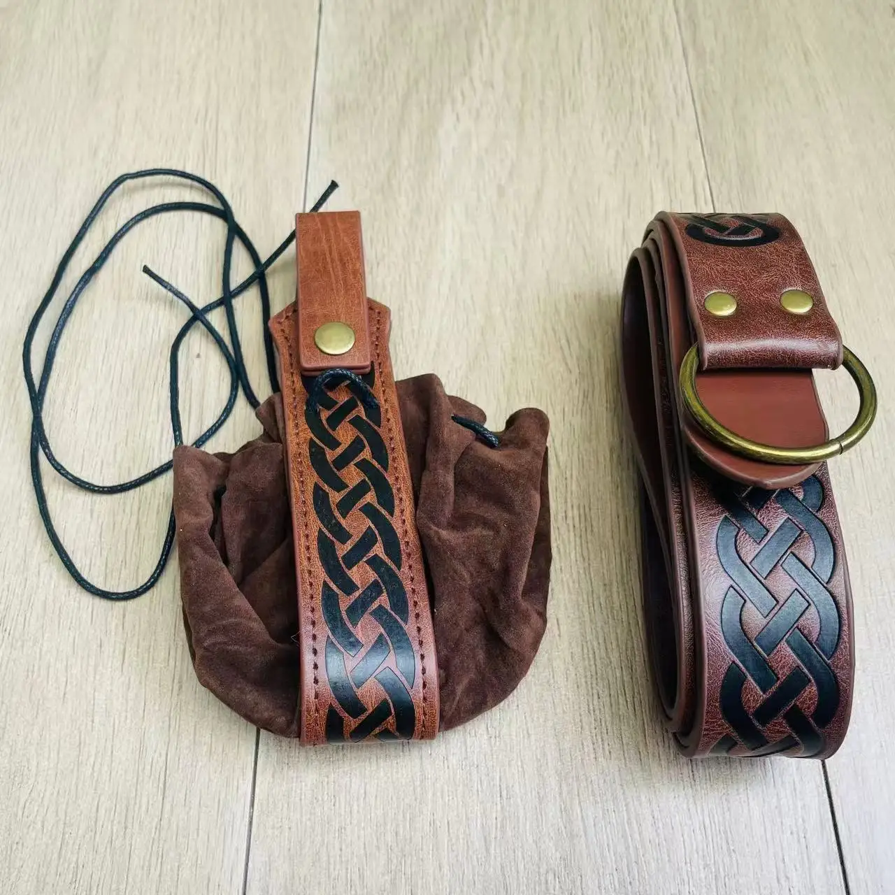 Medieval Punk Costume Prop1.6m PU Belt Strap Waist Totem Embossed Bag Belt 2PCS Set Viking-Style Steampunk Cos Props