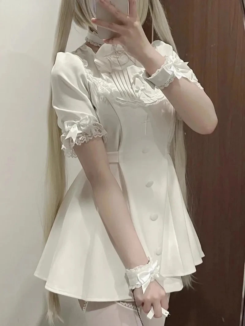 

Japanese New Lace White Embroidery Patchwork Bow Short-Sleeve Shirt Slimming Dress and Shorts 2 Piece Set Culottes Suit