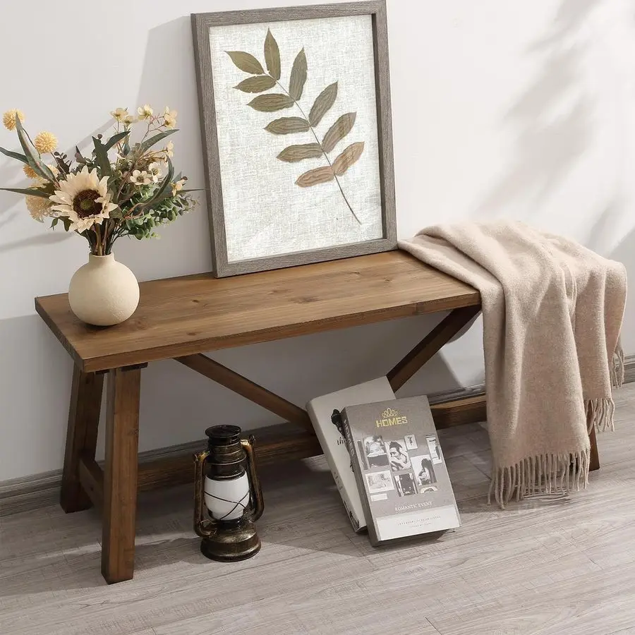 43 Farmhouse Wood Bench, Narrow Bench, Long Bench Seat for Entryway, Living Room, Dining Room, Solid Wood, Natural