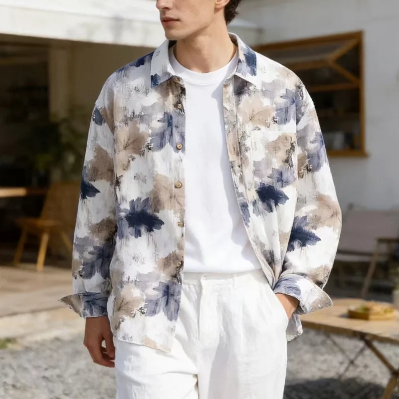 

Spring Summer Men Long Sleeve Printed Shirt New Hawaiian Shirt Man Holiday Clothes Breathable Button Shirt Soft High Quality Top
