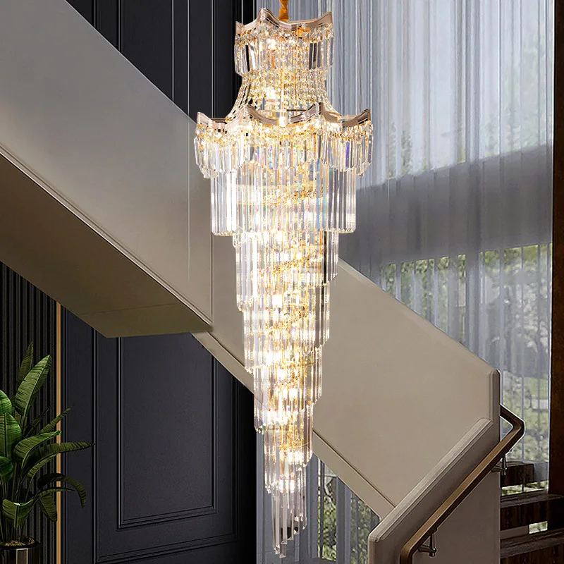 New Design Villa Living Room Crystal High Ceiling Large Golden Chandelier Light Luxury Hotel Lobby Lamp Staircase Long Chandelie