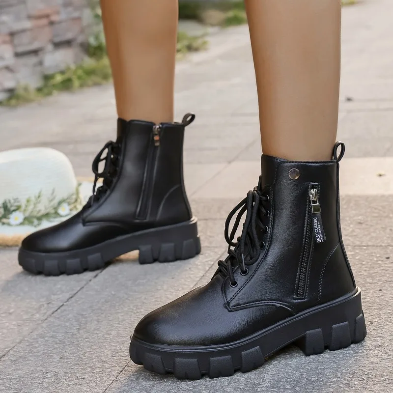 

2025 New Autumn/Winter Style Comfortable Women's Shoes Fashionable Thick-soled Lace-up Side Zipper Women's Boots